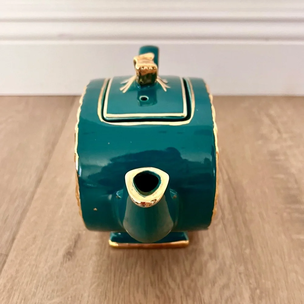 Rare 1930s Sadler England 1729 II Cube Teapot Green‎ With Gold Flower Vintage